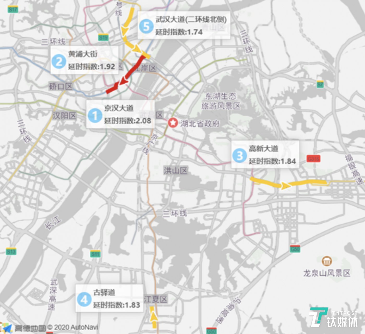 4月8日武漢早高峰擁堵延時TOP5道路 來源：高德地圖